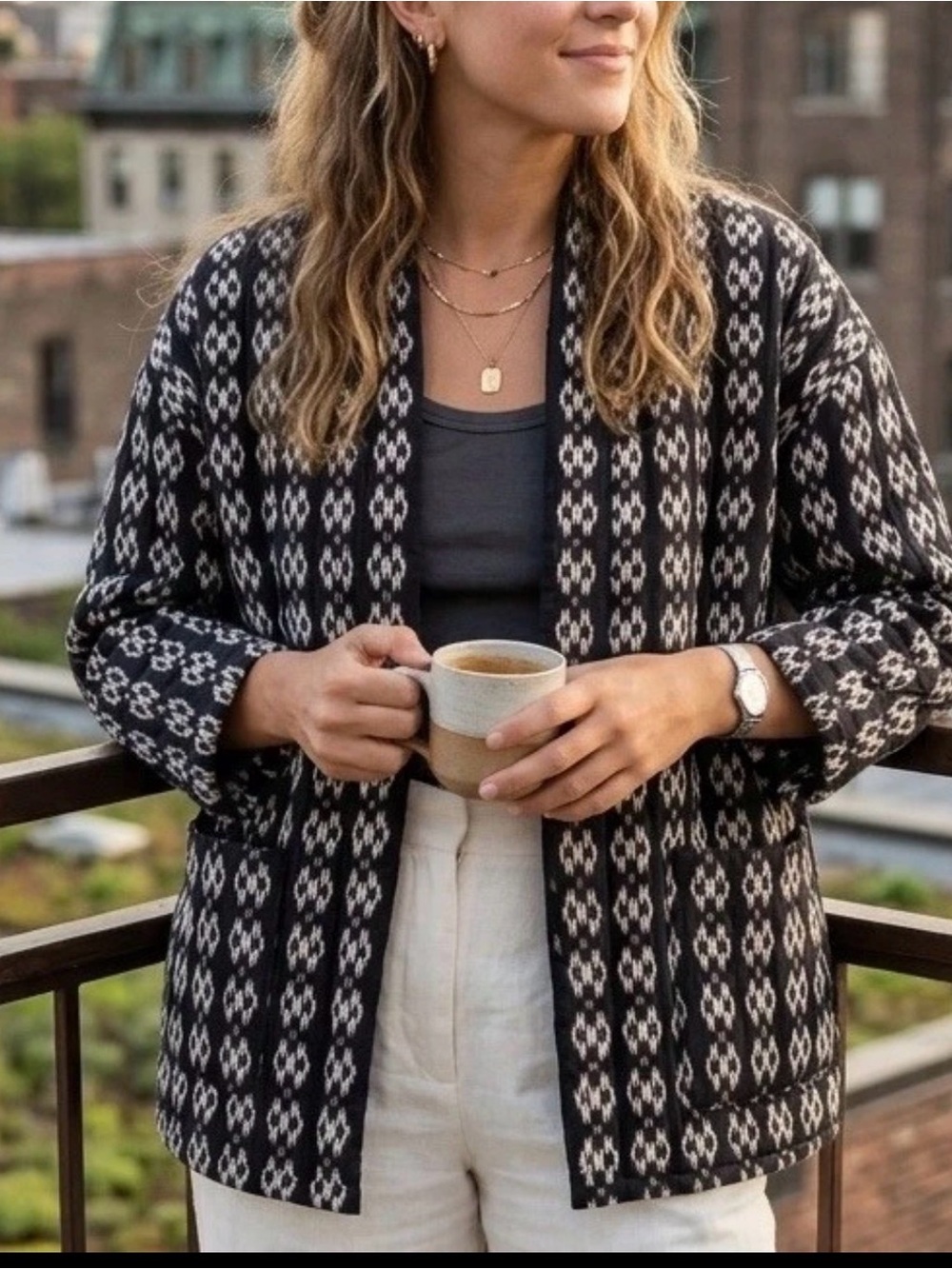 Automet Quilted Open Front Jacket Black White Ikat Small Boho Grandmacore New